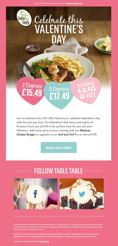 The restaurant Table Table, located in Yorkshire, provided the following example of a personalized email