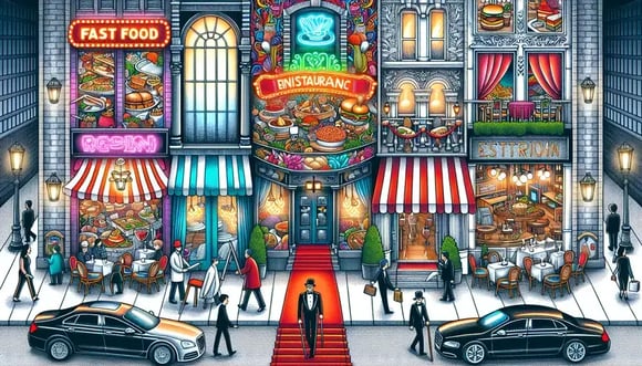 A colorful illustration of various restaurant concepts and cuisines