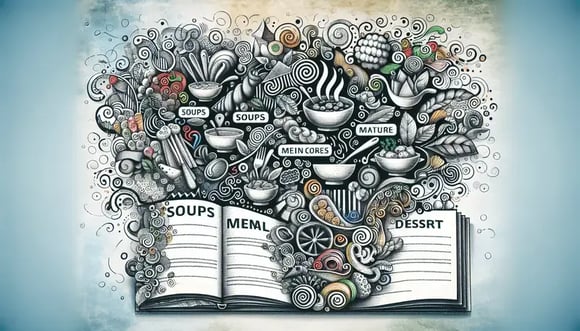 An artistic illustration of a creatively designed restaurant menu