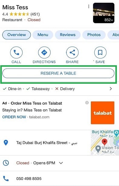 restaurant reservations with google