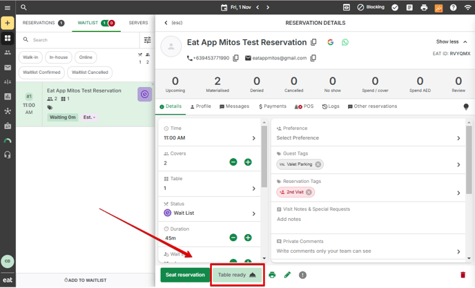 Manual Waitlist - Table Ready