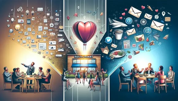 A vibrant illustration of a restaurant's brand building through social media