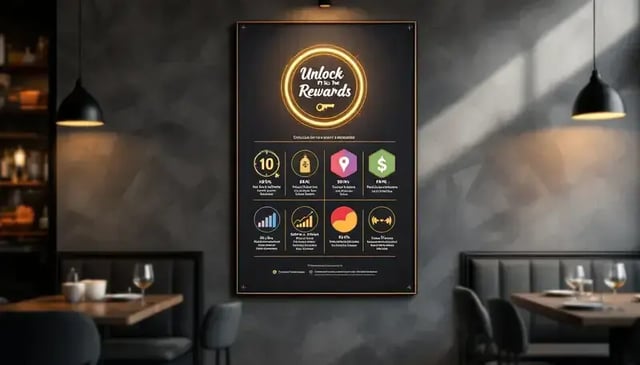 A promotional poster for a restaurant loyalty program displayed in-store.