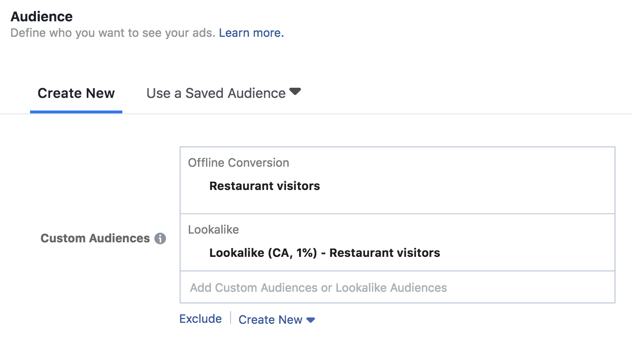 Facebook custom audience settings