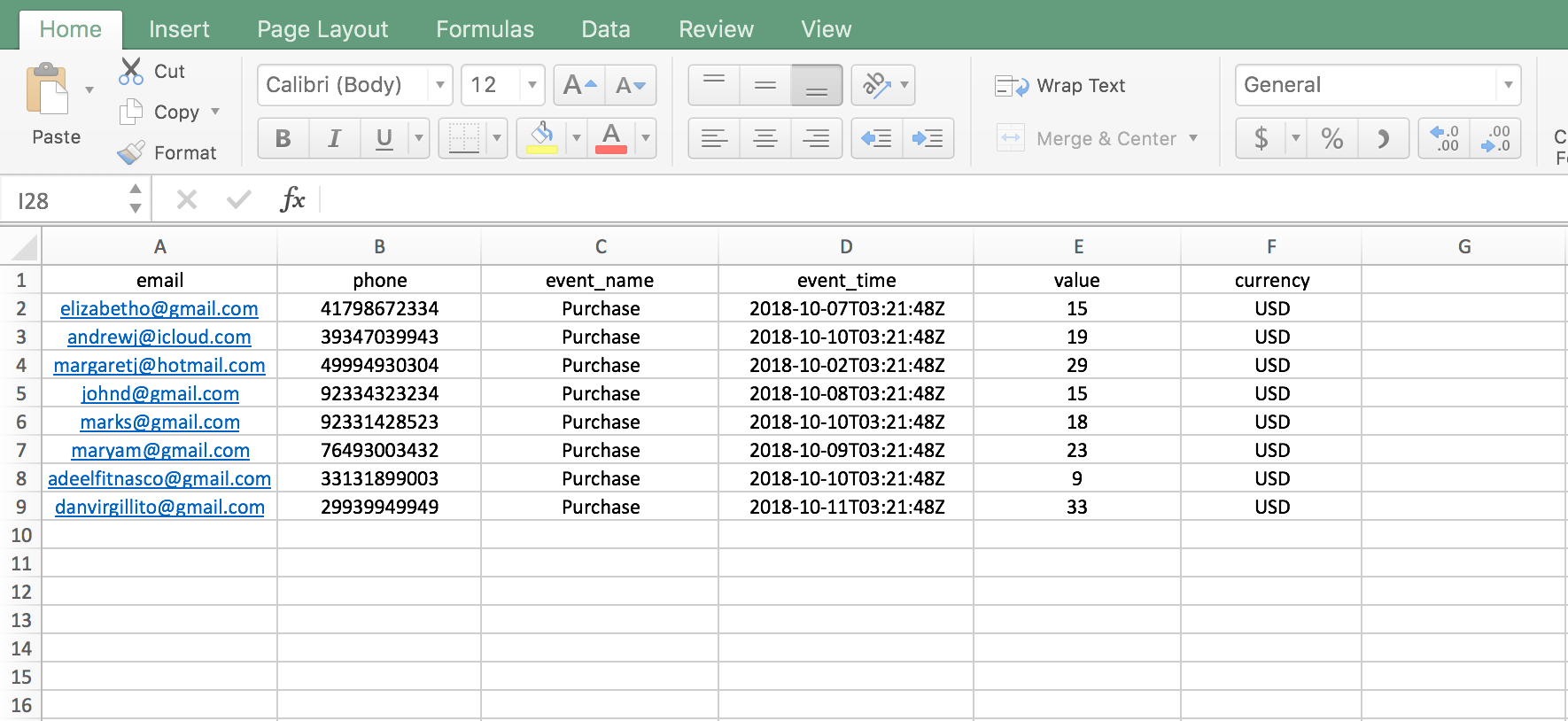 Example CSV data for facebook events