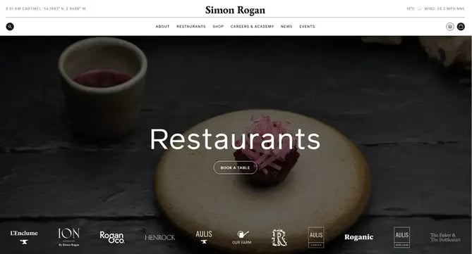 Winning restaurant website design — Simon Rogan Restaurants, UK
