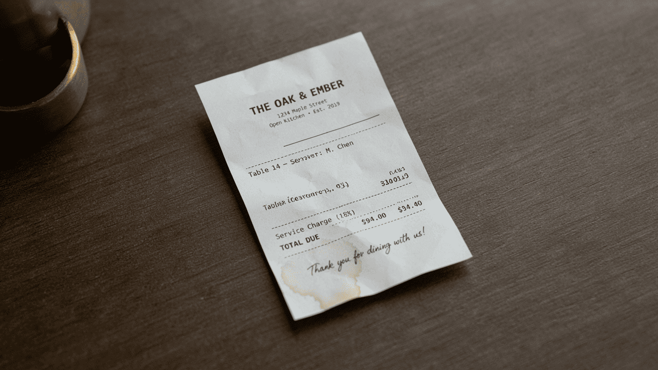 restaurant receipt showing a service charge added to the bill