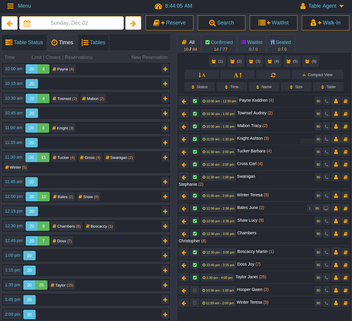 table agent dashboard