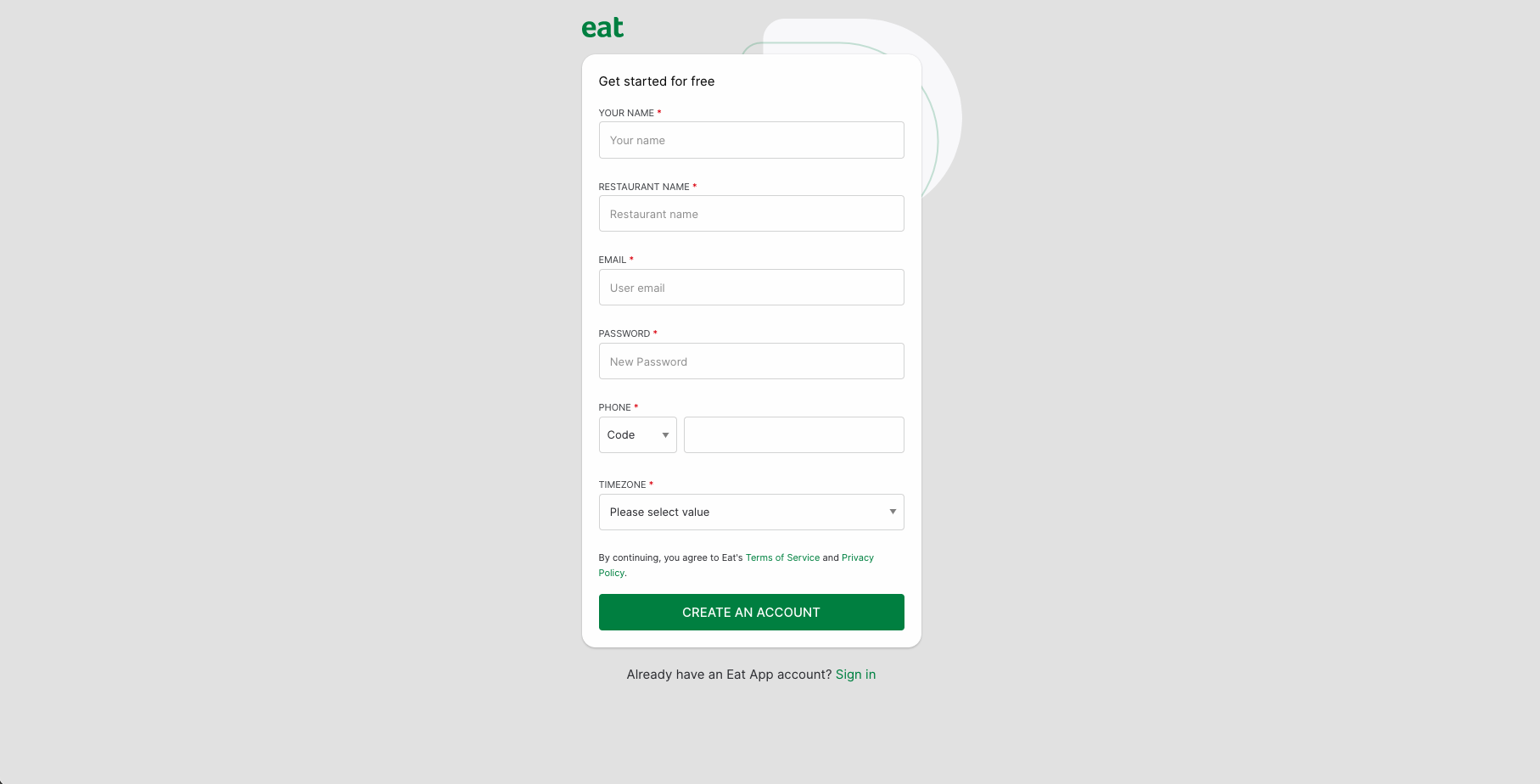Eat App Sign Up Page